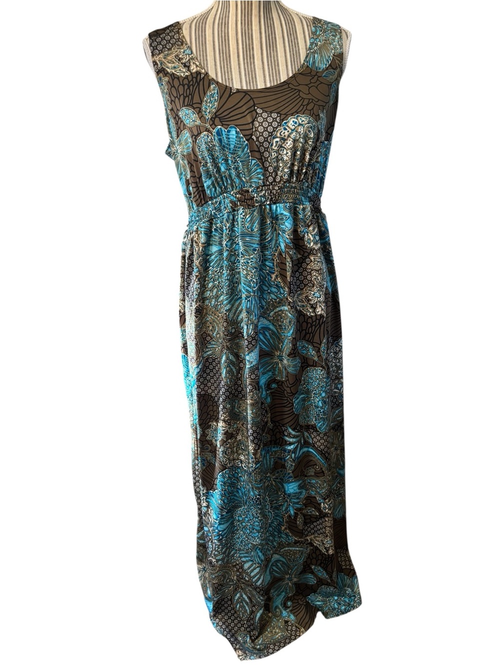 Motherhood Maternity Dress Large Brown Teal Floral Boho Maxi Sleeveless Stretch